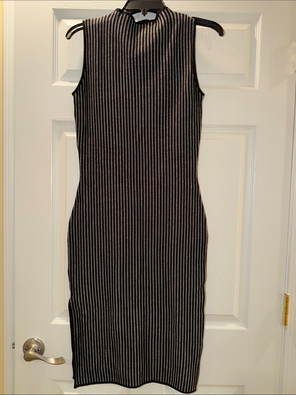 RVN Sleeveless Ribbed Midi Dress in Black and Gray Stripes